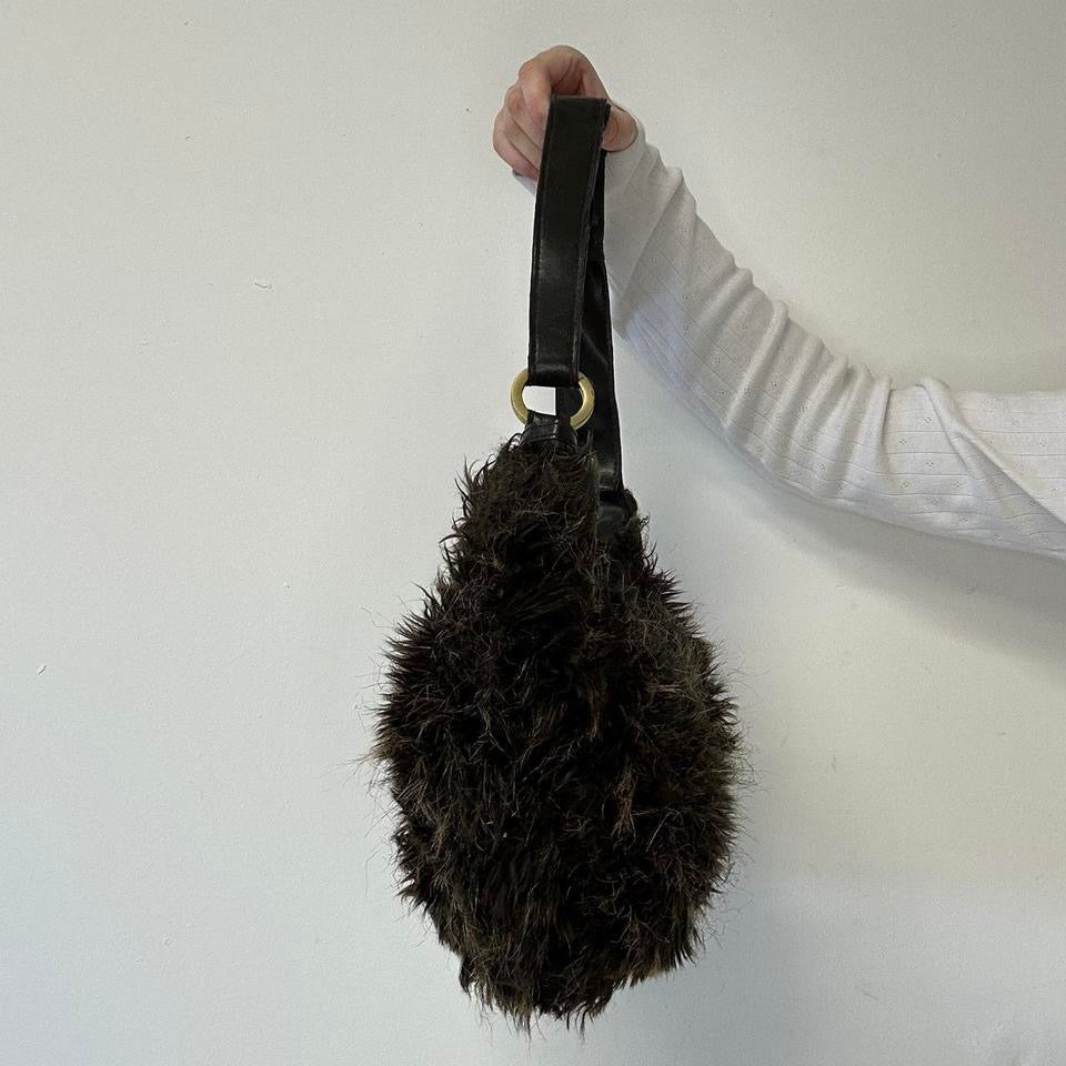 brown faux fur studded shoulder bag