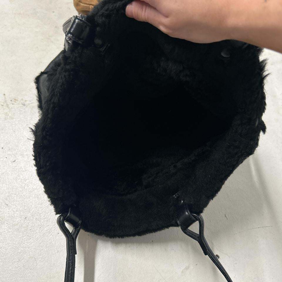 black faux leather faux fur shoulder bag