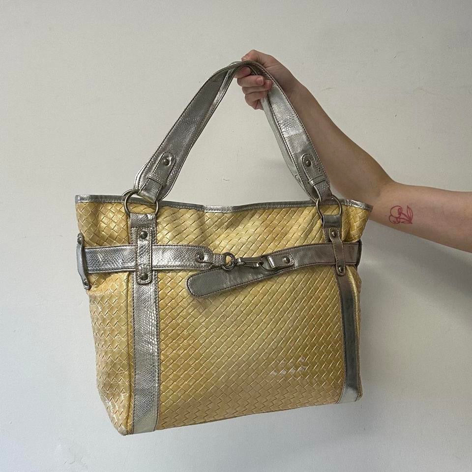 yellow and silver faux leather woven effect shoulder bag
