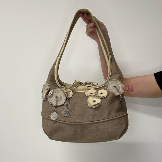cream and brown chain coin faux shoulder bag