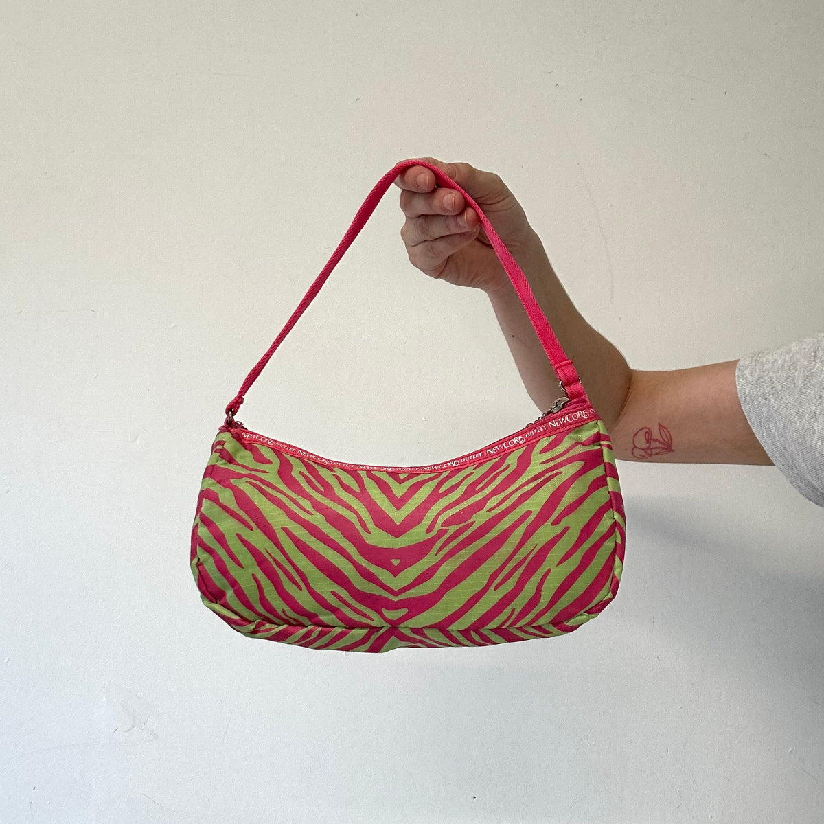 green and pink zebra print canvas shoulder bag