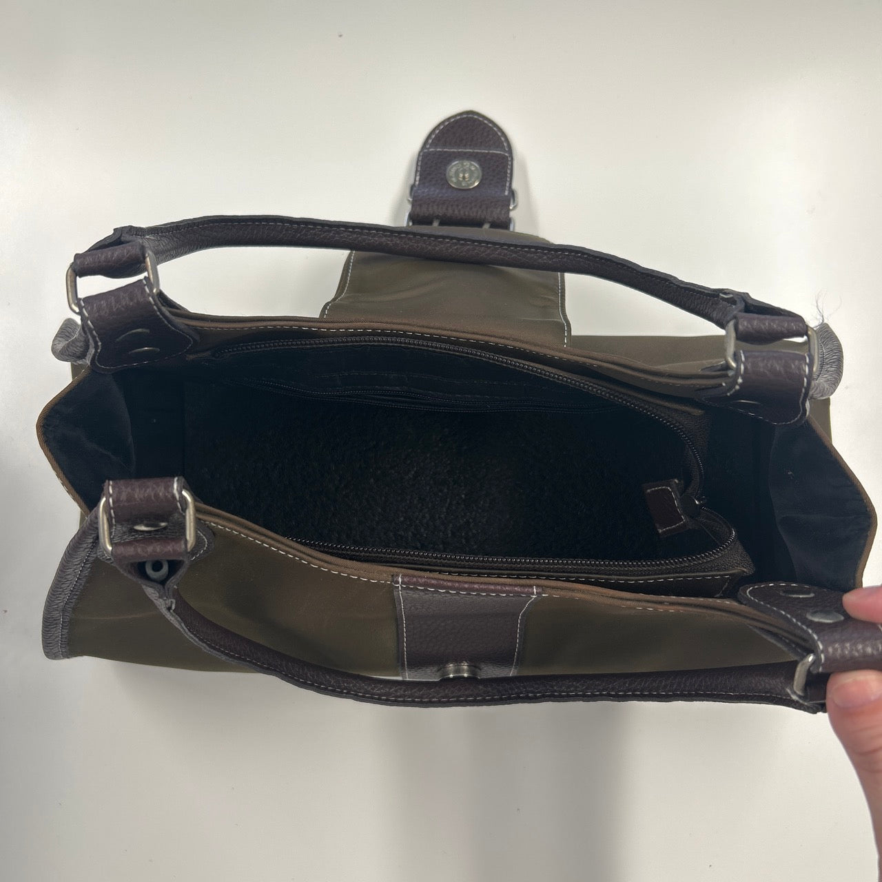 khaki canvas and brown faux leather buckle shoulder bag