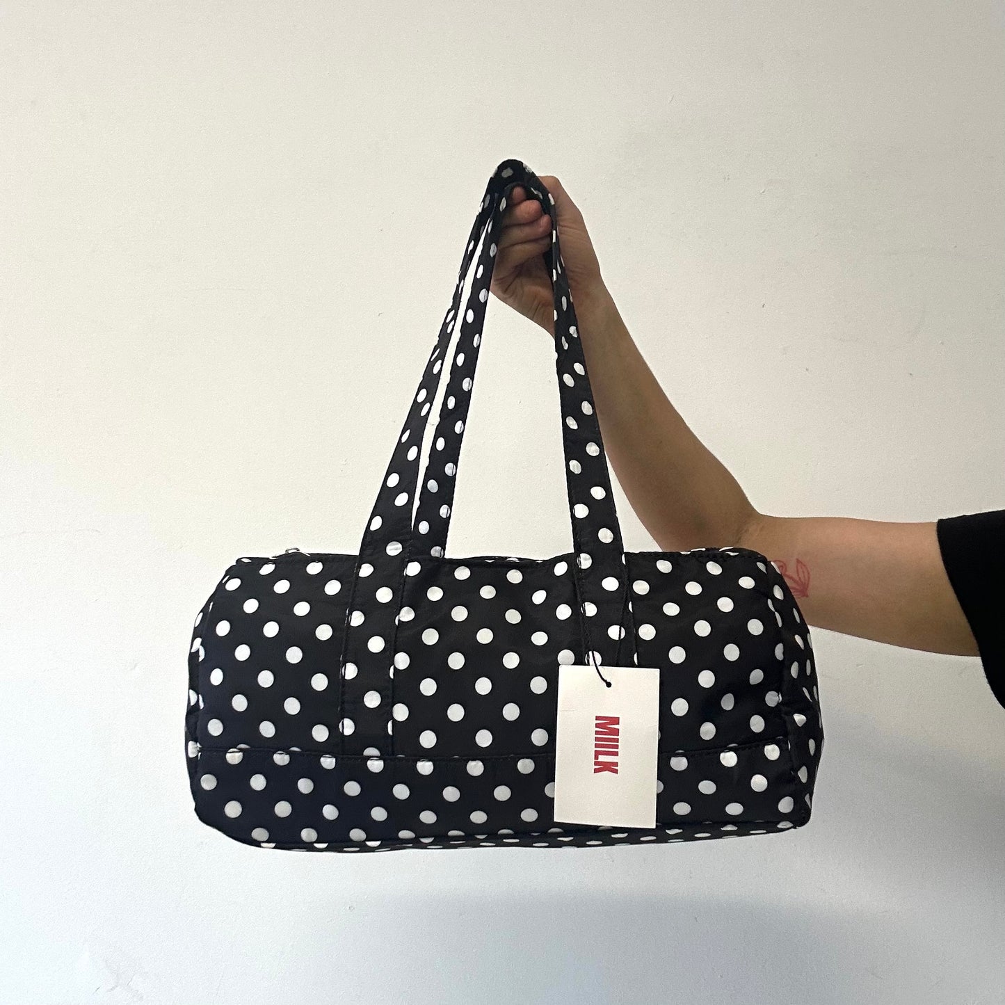 black and white polka dot lightweight canvas shoulder bag