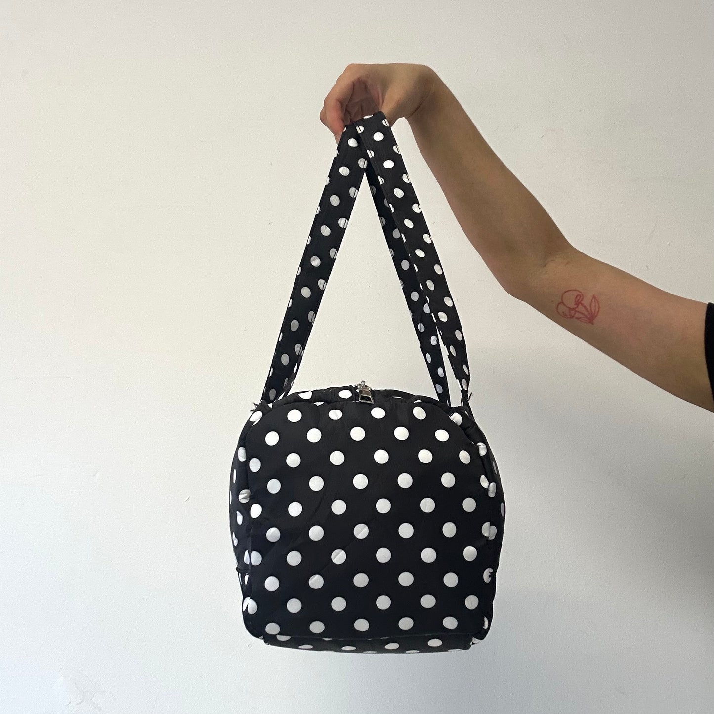 black and white polka dot lightweight canvas shoulder bag
