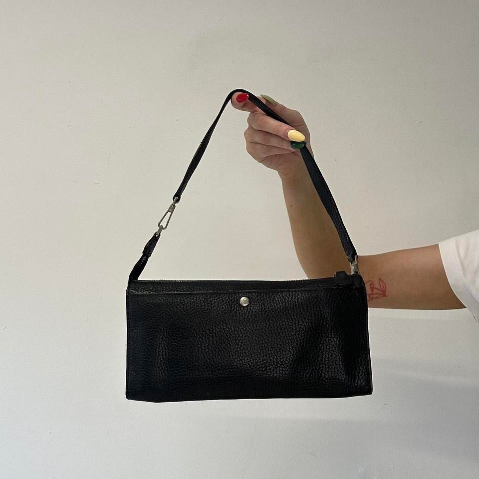black faux leather double pocket mini shoulder bag