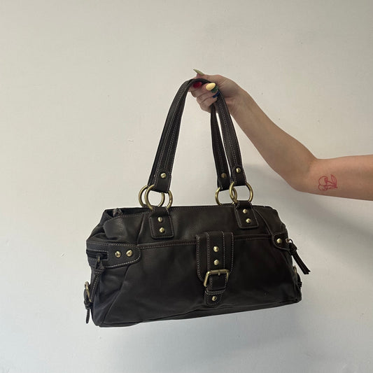 brown faux leather buckle shoulder bag