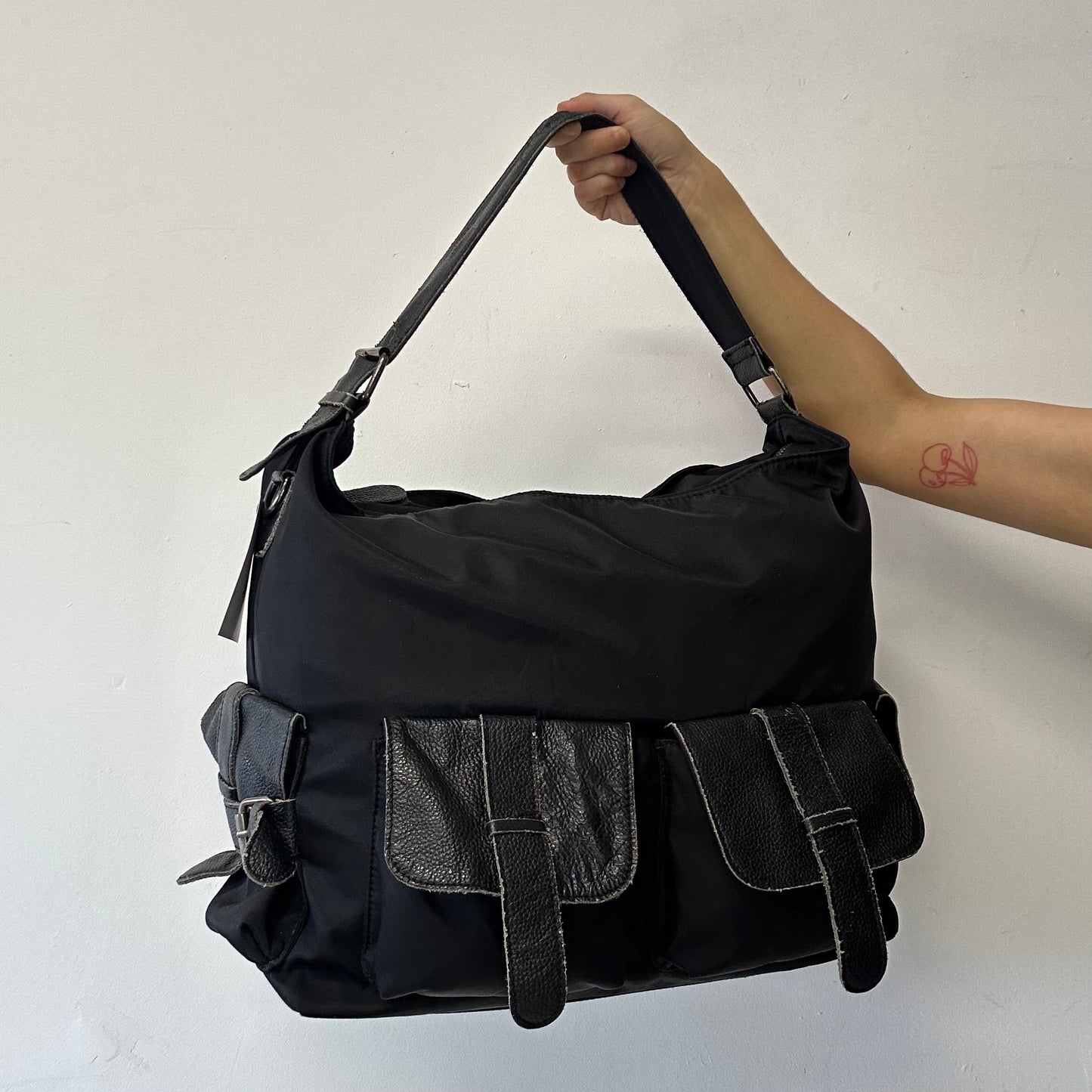 black double pocket canvas large canvas and leather shoulder bag