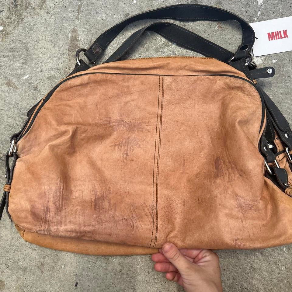 tanned sheepskin leather oriental double zip shoulder bag