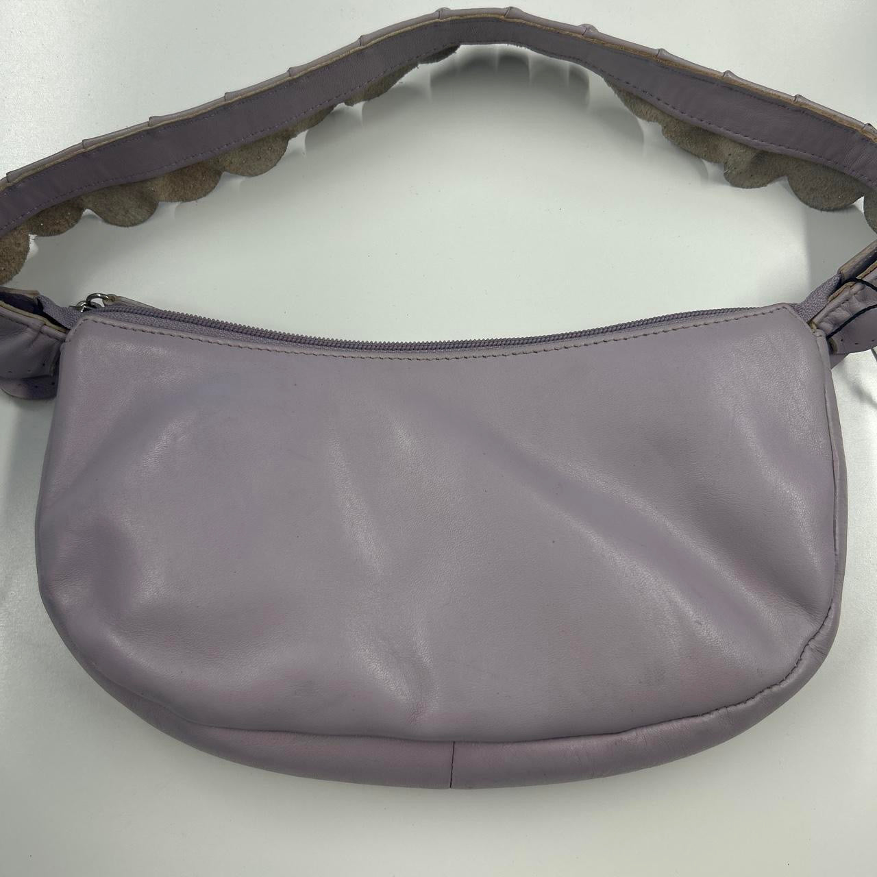 lilac faux leather ruffled shoulder bag
