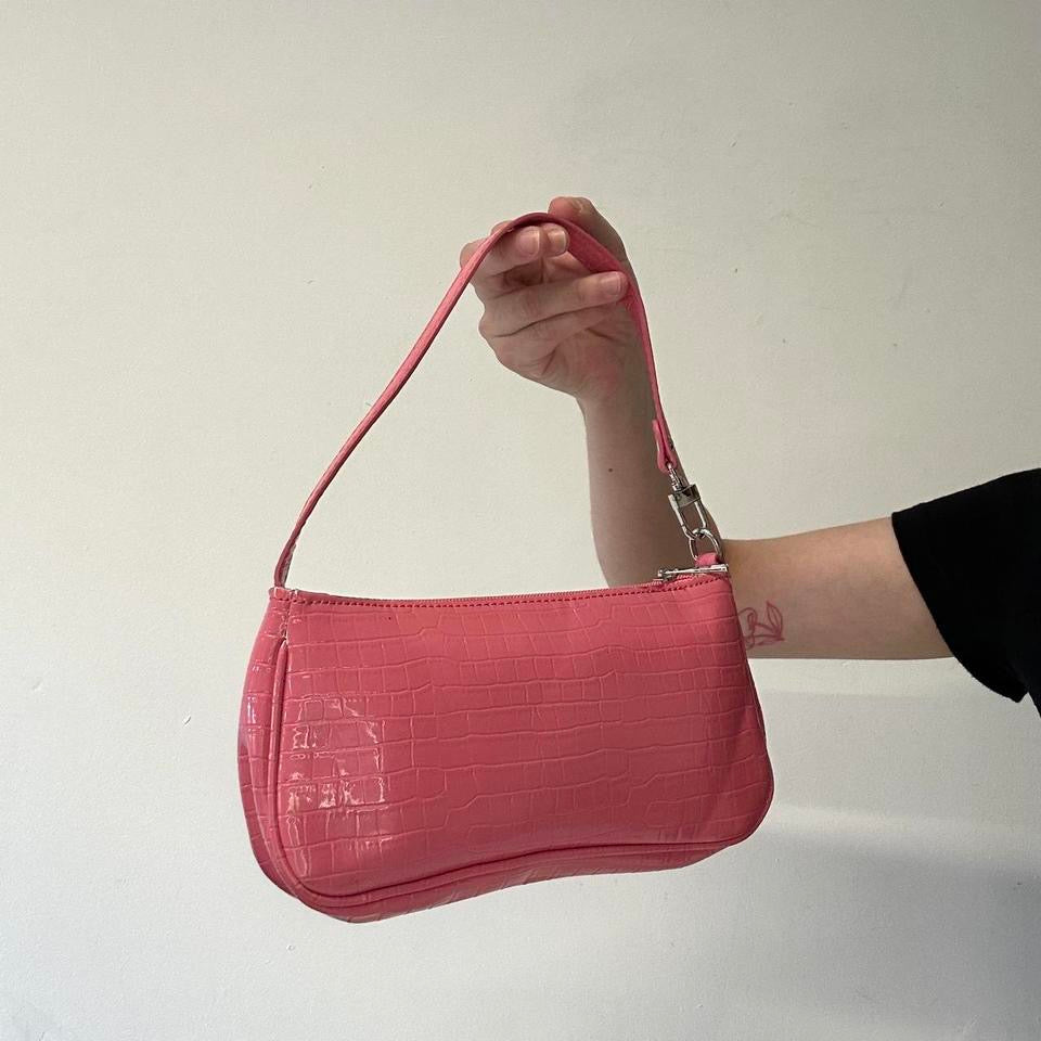 pink faux leather croc effect shoulder bag