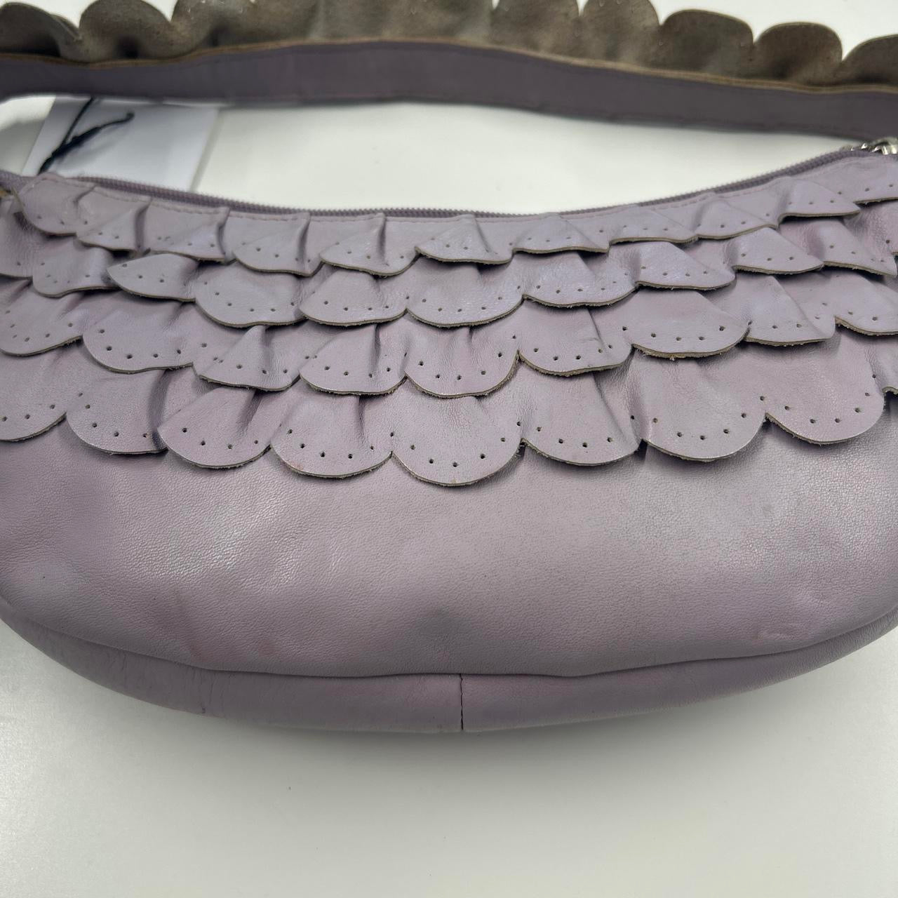 lilac faux leather ruffled shoulder bag