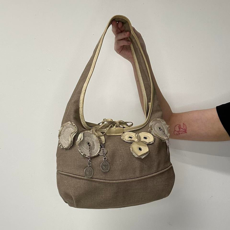 cream and brown chain coin faux shoulder bag