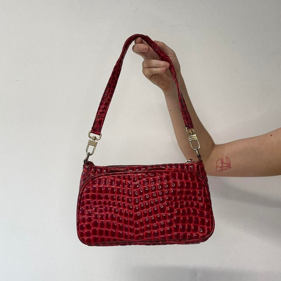 red faux leather studded croc effect shoulder bag