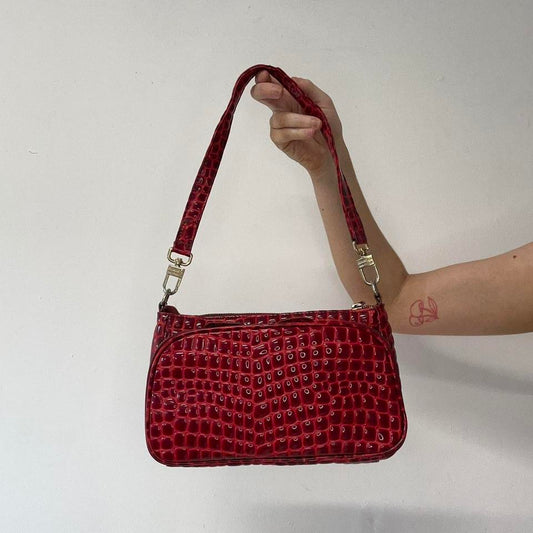 red faux leather studded croc effect shoulder bag