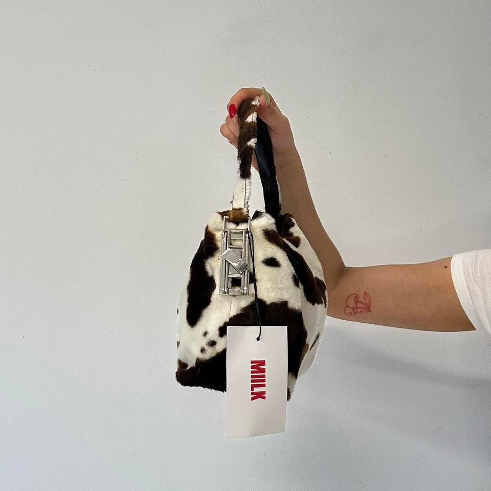 cow print faux fur mini shoulder bag