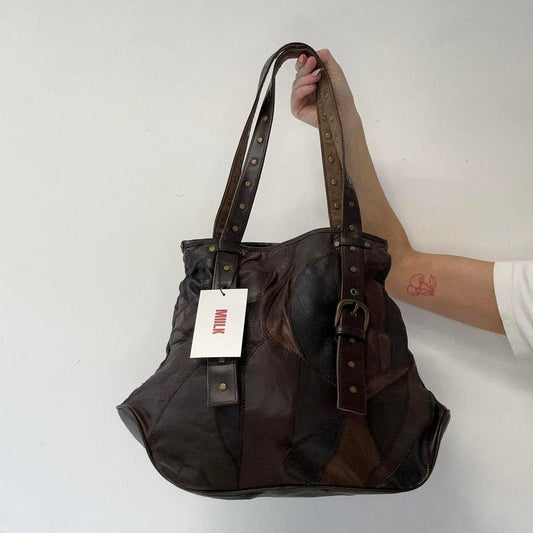 brown patchwork leather studded shoulder bag