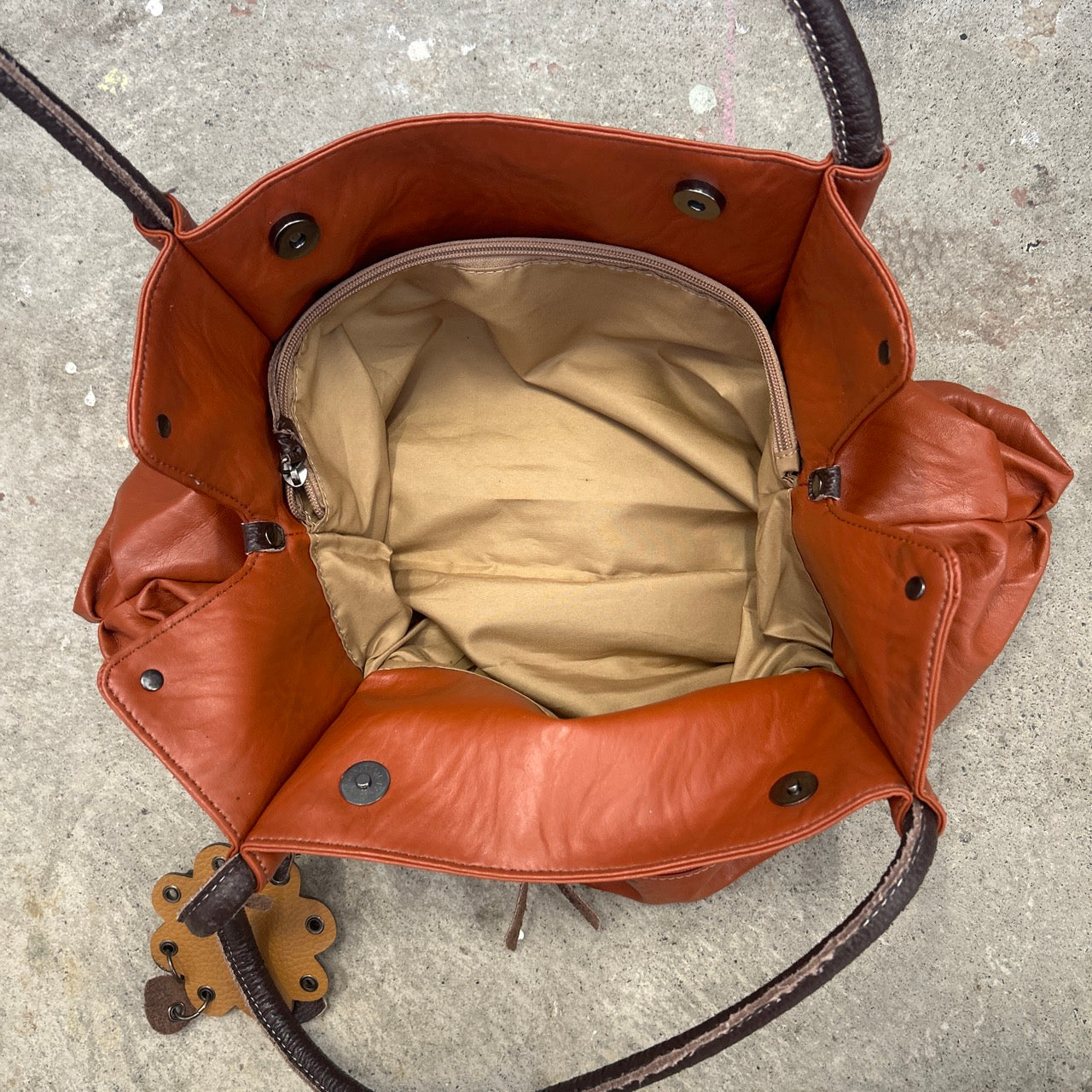burnt orange brown faux leather flower detail shoulder bag
