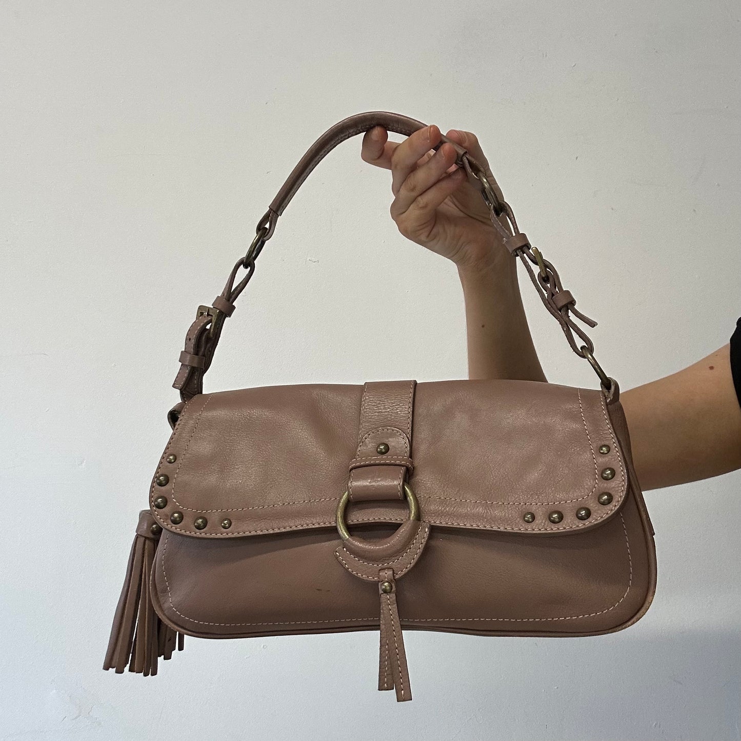 brown studded buckle shoulder bag