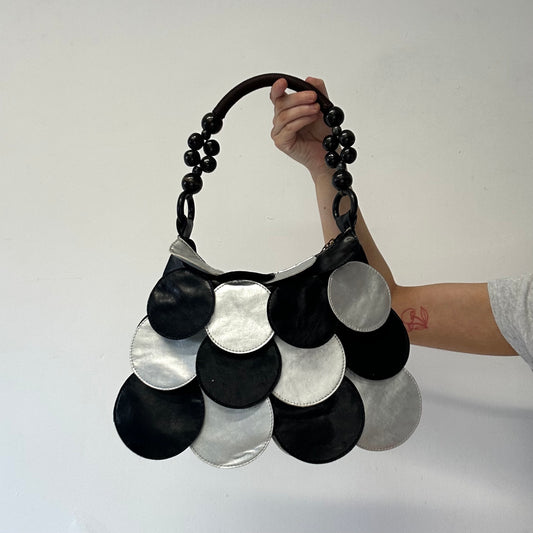 black and silver faux leather disc beaded shoulder bag