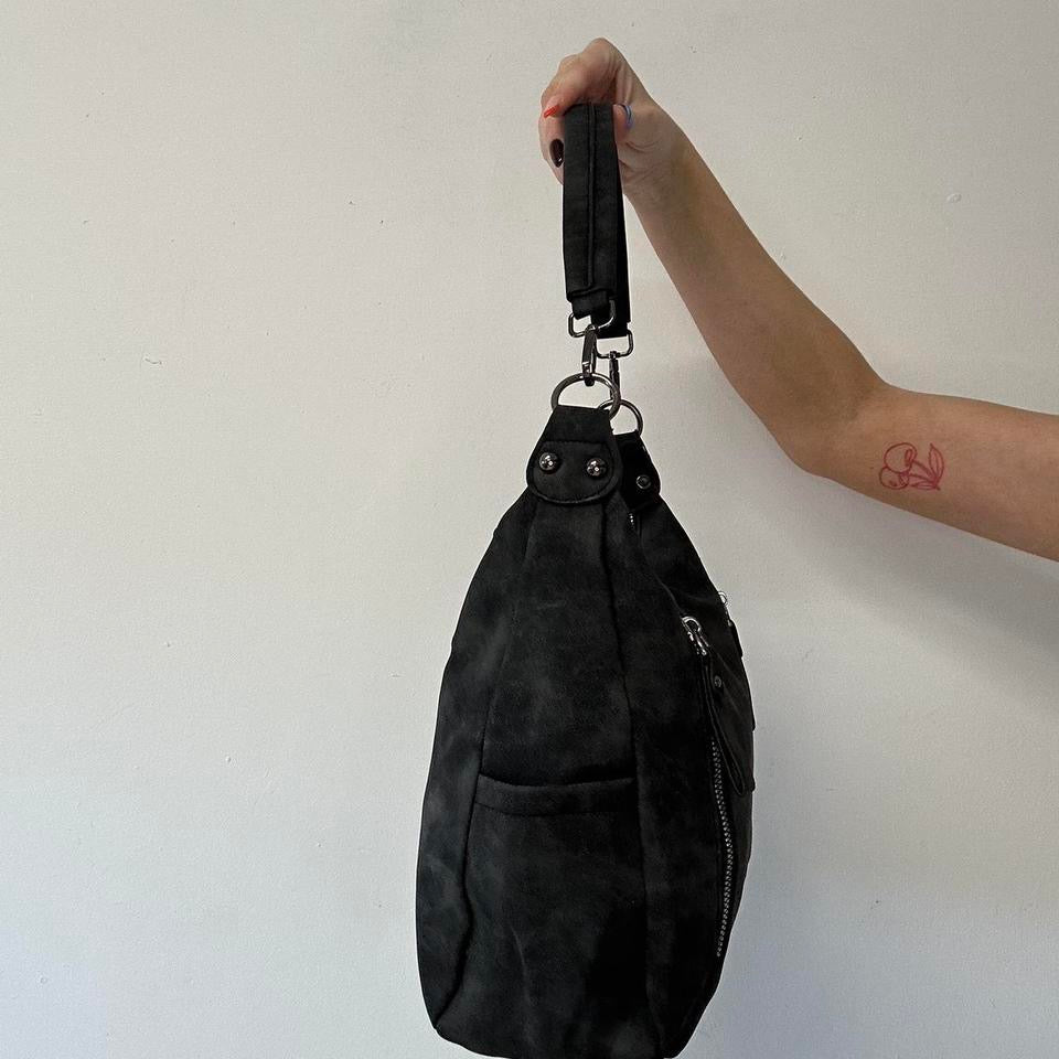 black faux leather double zip shoulder bag