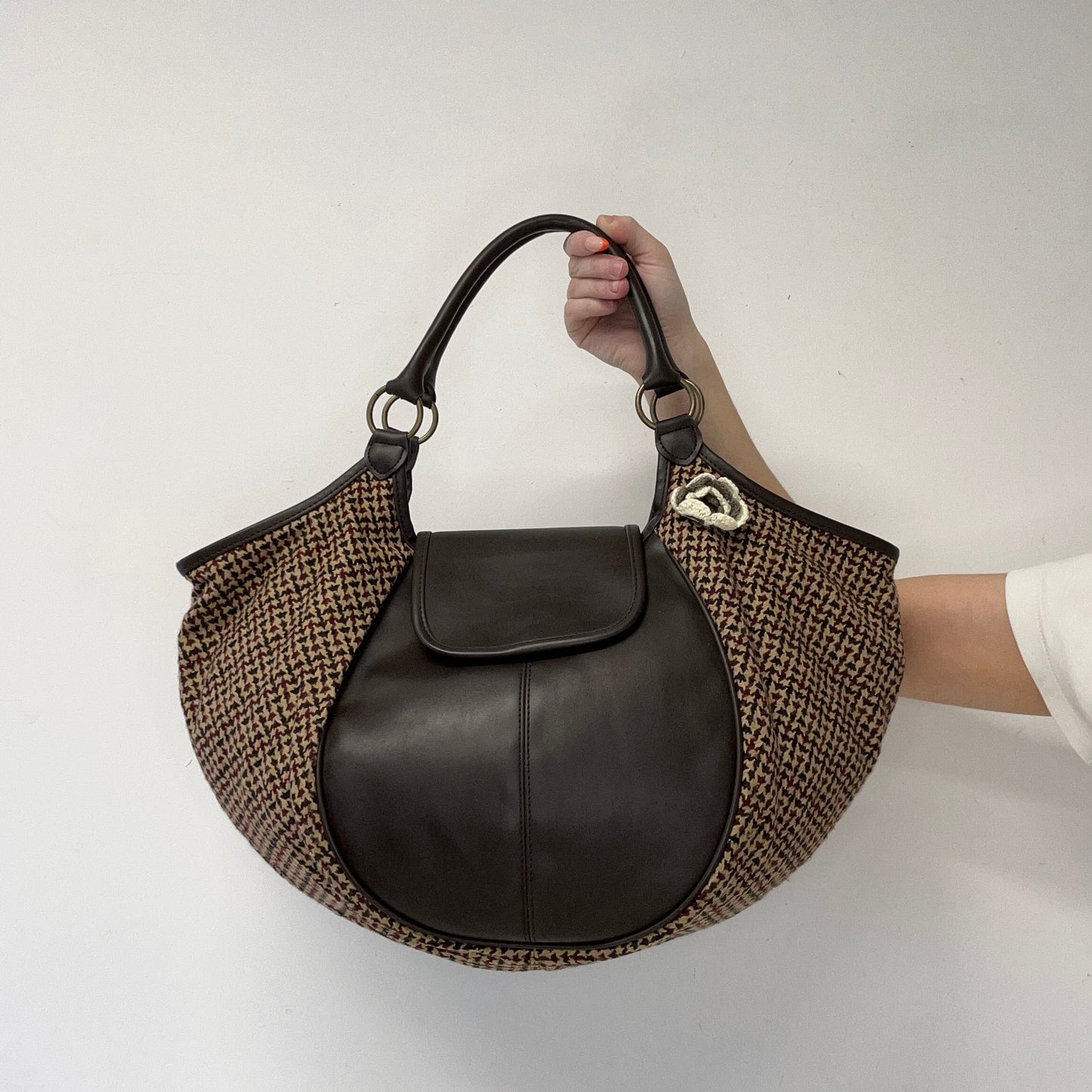 brown and burgundy plaid faux leather shoulder bag