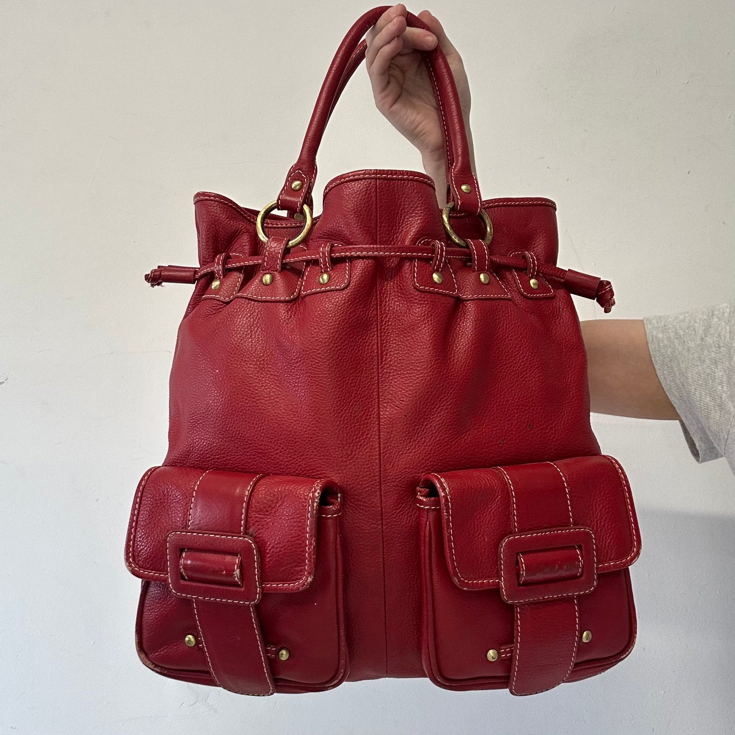 red genuine leather double pocket shoulder bag