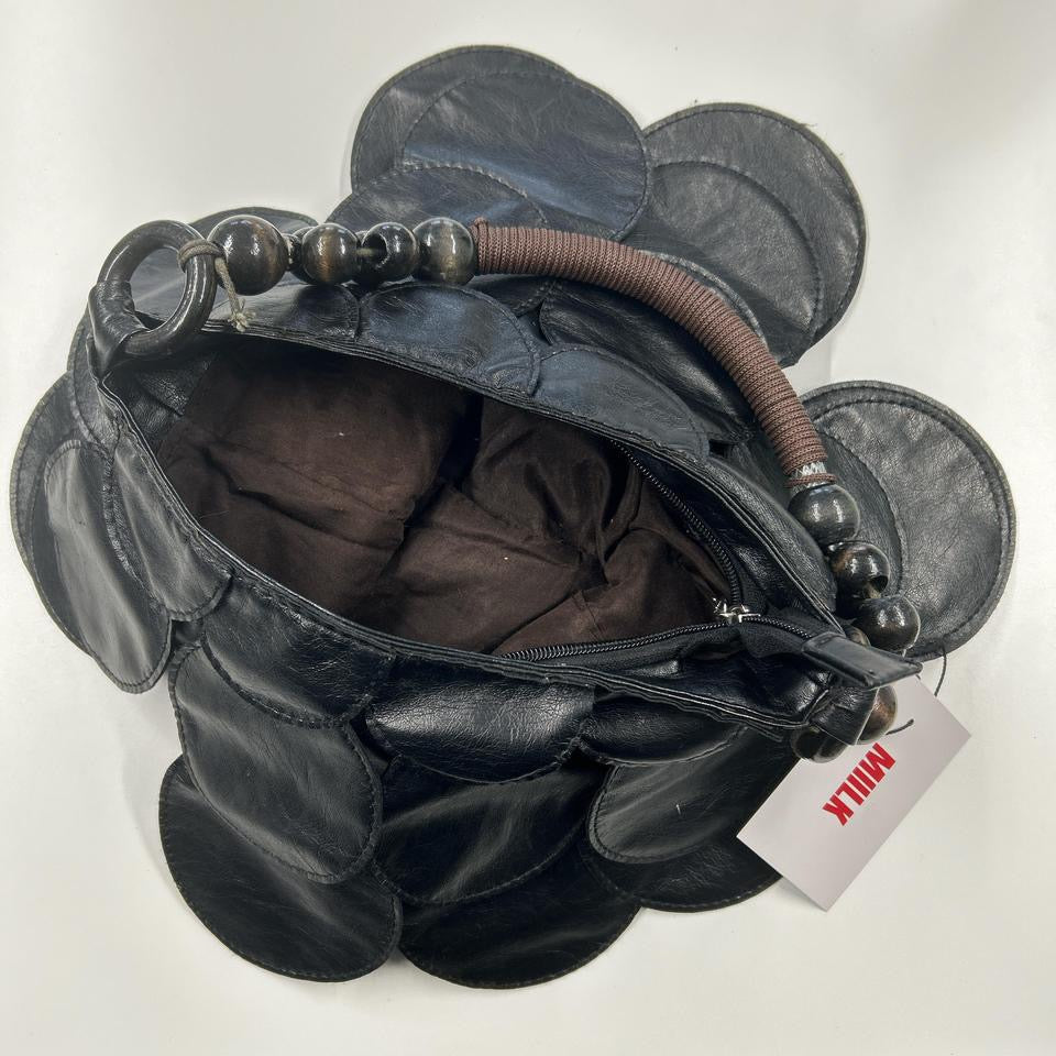 black faux leather disc beaded shoulder bag