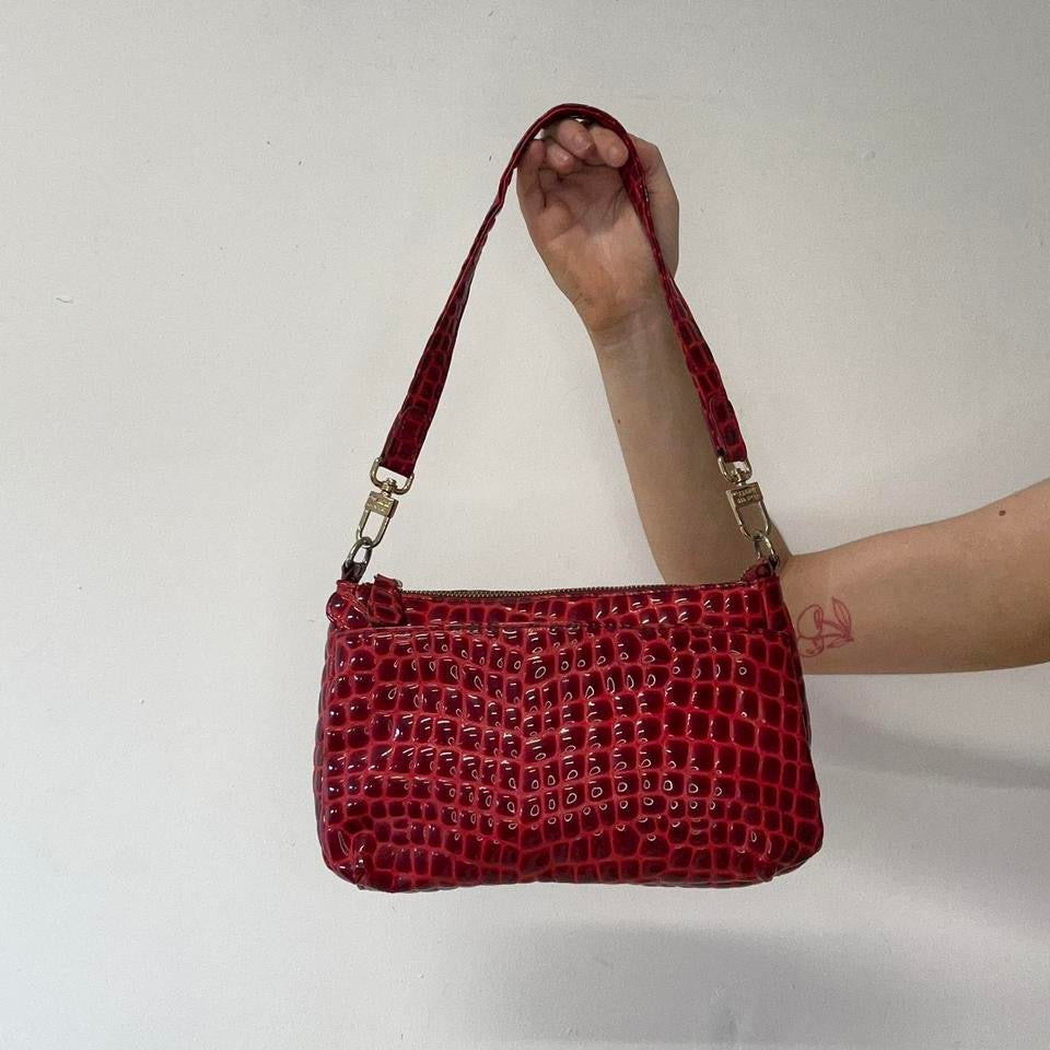red faux leather studded croc effect shoulder bag