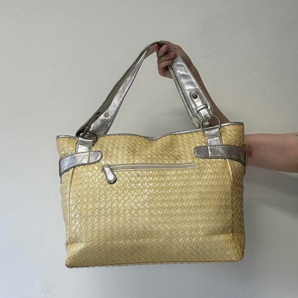 yellow and silver faux leather woven effect shoulder bag