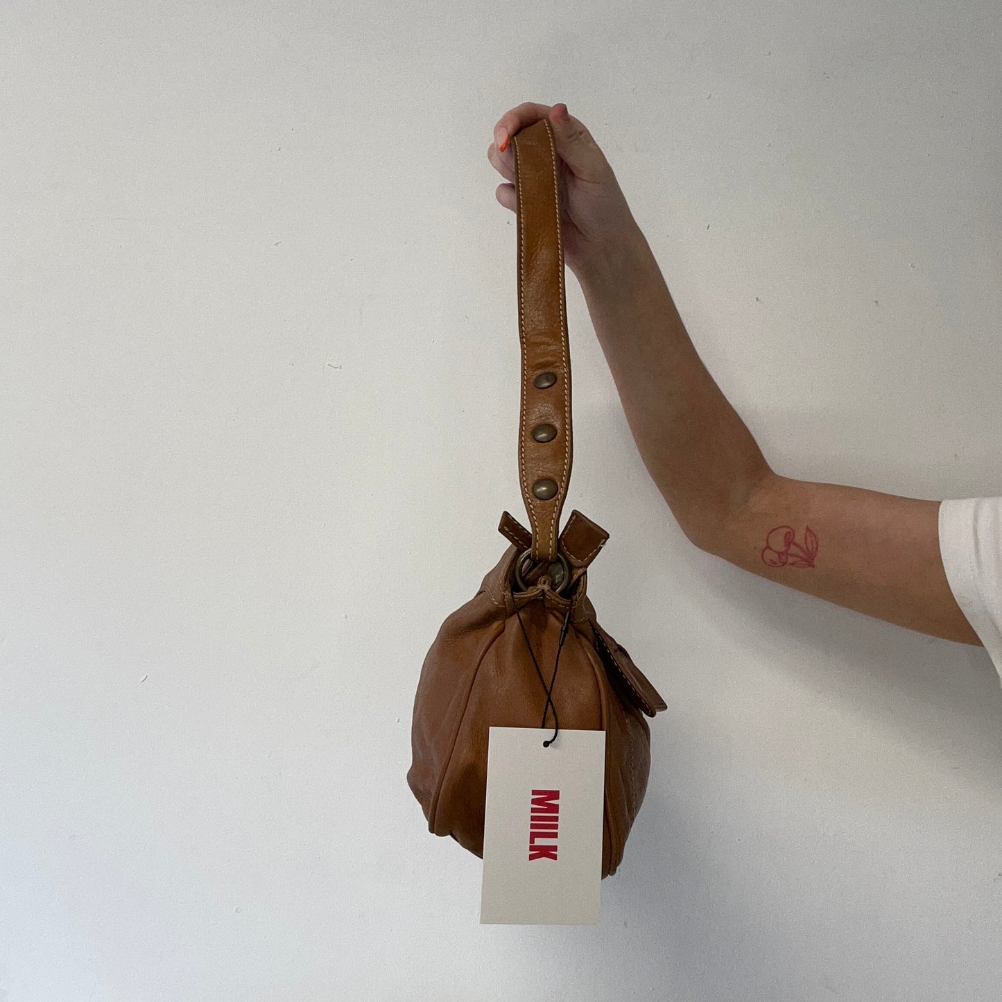 brown leather double pocket shoulder bag