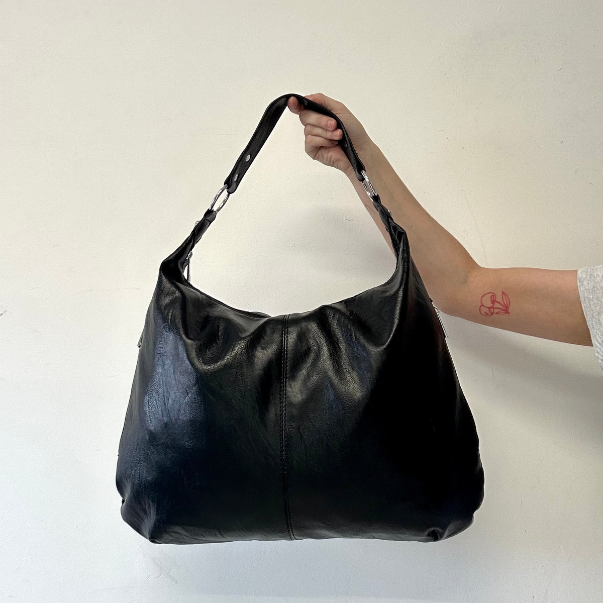 black silver hardware faux leather shoulder bag