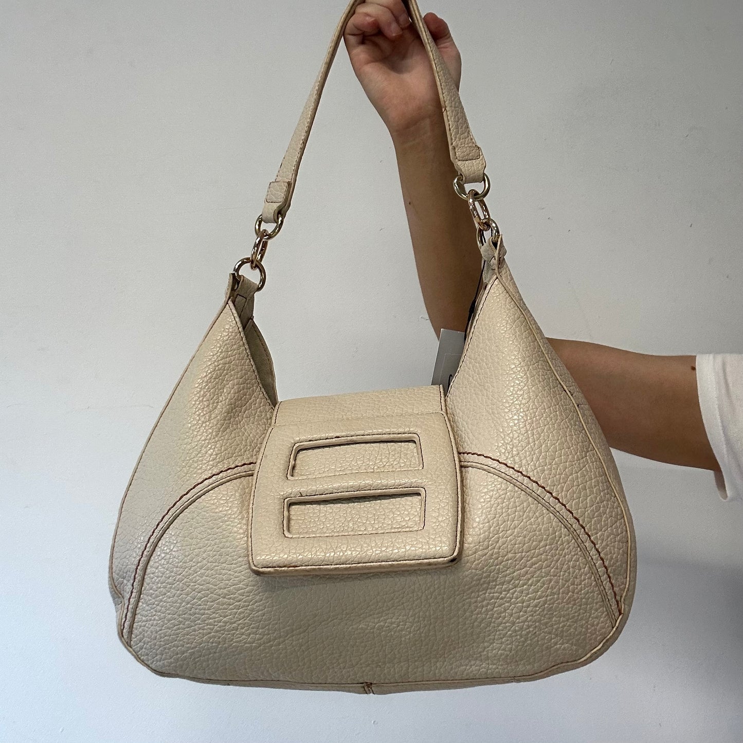 cream faux leather oversized buckle shoulder bag
