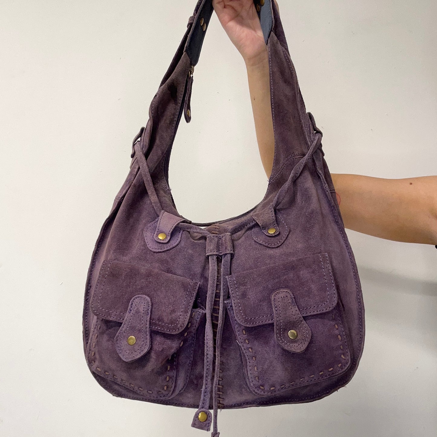 purple suede stitch shoulder bag