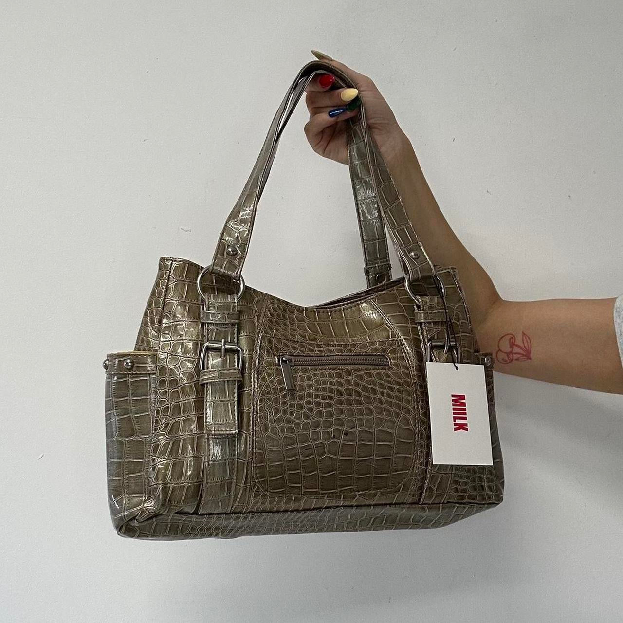 khaki metallic croc effect faux leather shoulder bag