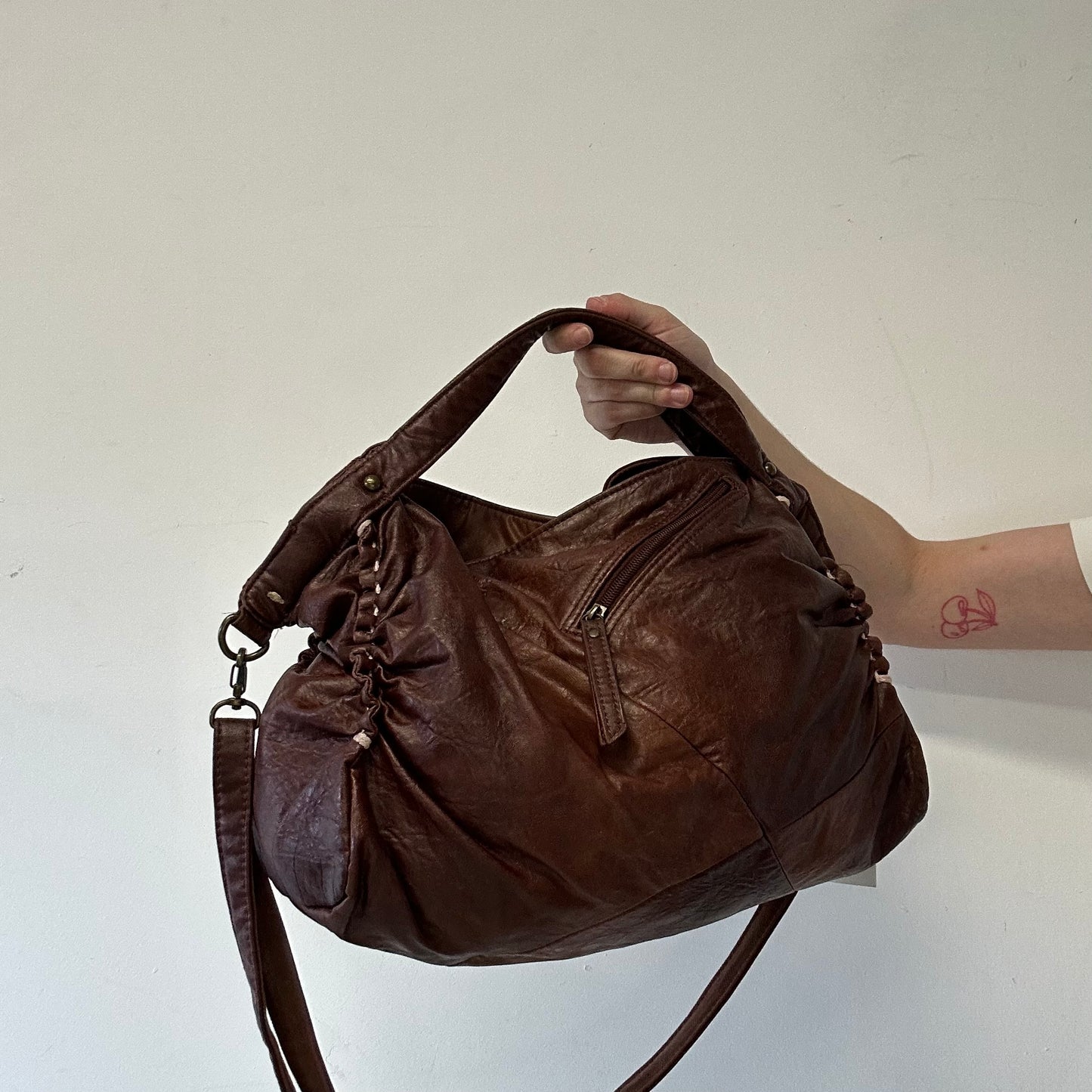 brown patchwork genuine leather zip shoulder bag
