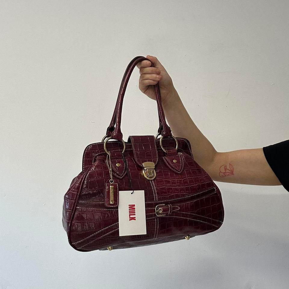 dark red faux leather croc effect buckle shoulder bag