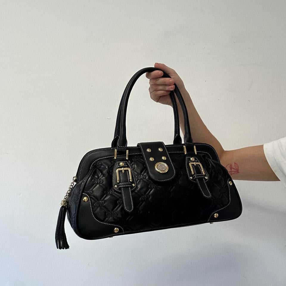 black faux leather padded buckle shoulder bag