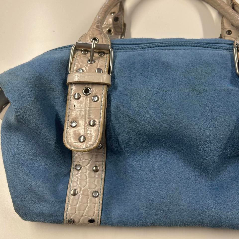 blue studded double buckle shoulder bag