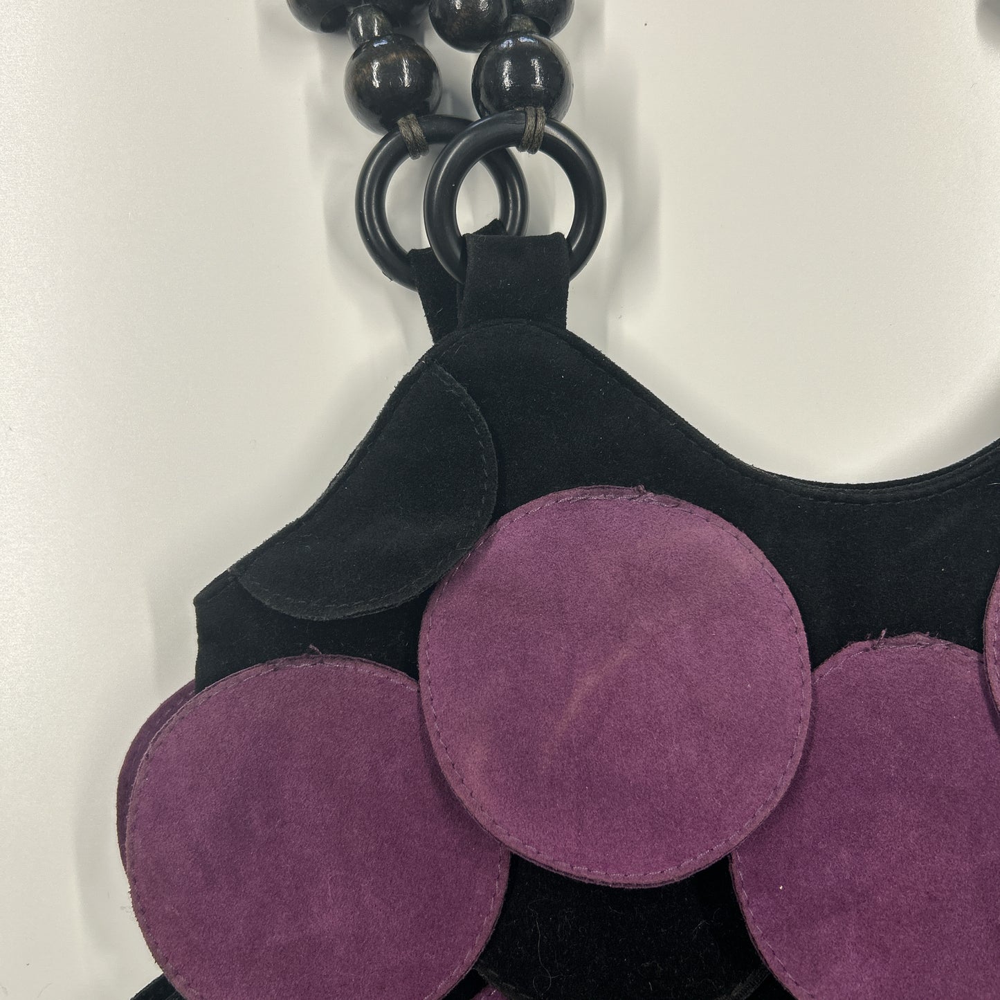 purple and black suede disc beaded shoulder bag