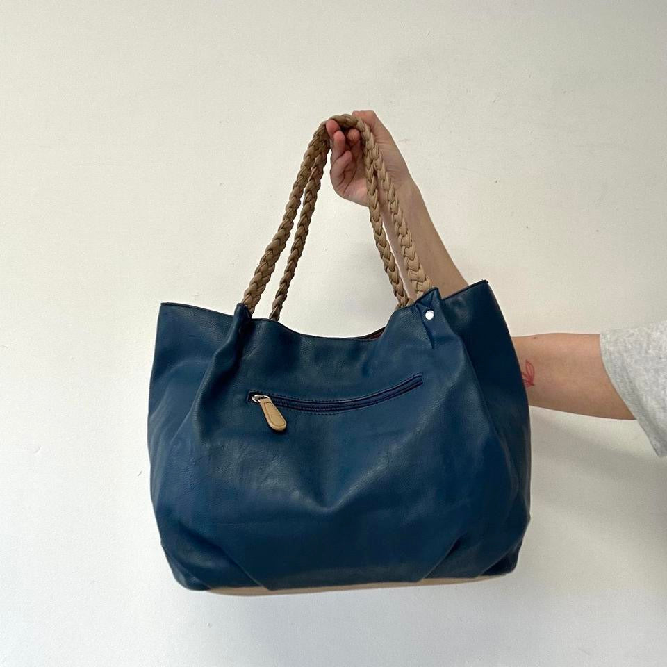 blue faux leather plaited handle shoulder bag