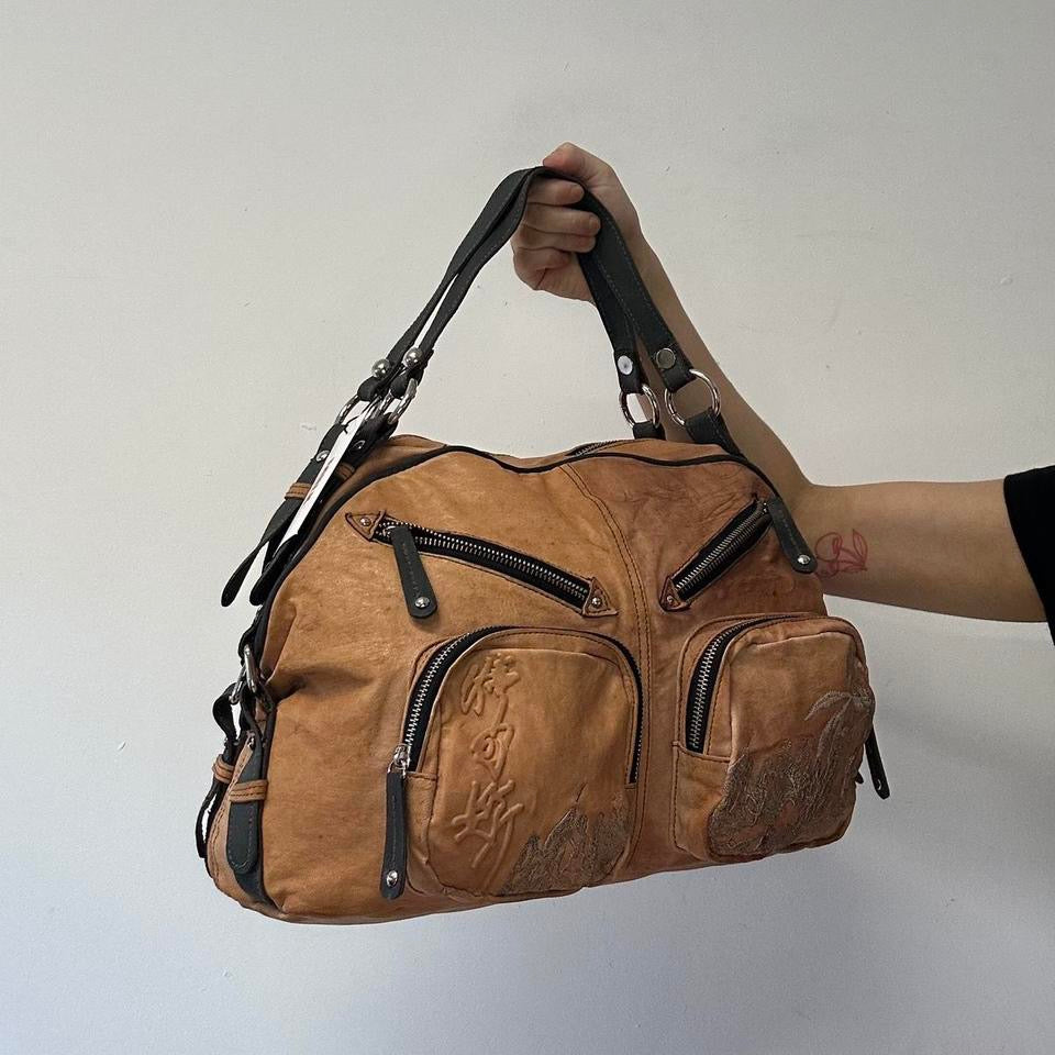 tanned sheepskin leather oriental double zip shoulder bag