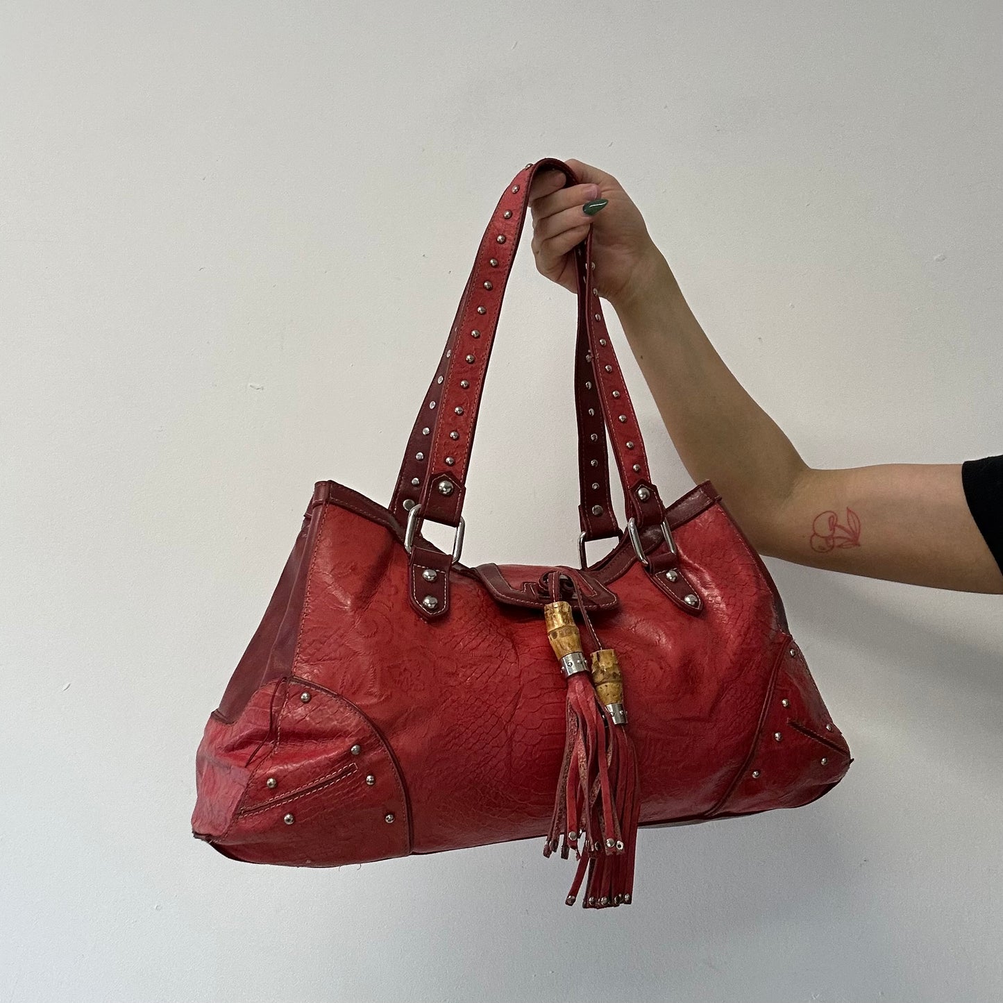 red faux leather croc effect studded  shoulder bag