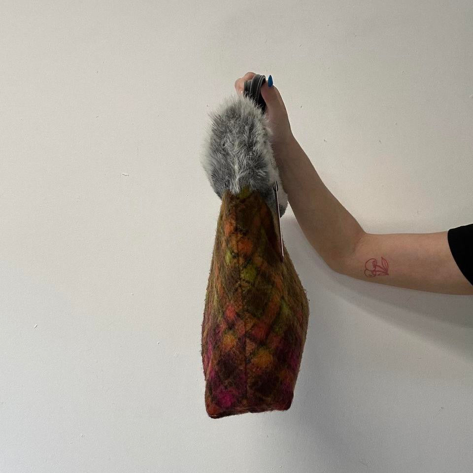 orange and pink plaid faux fur handbag