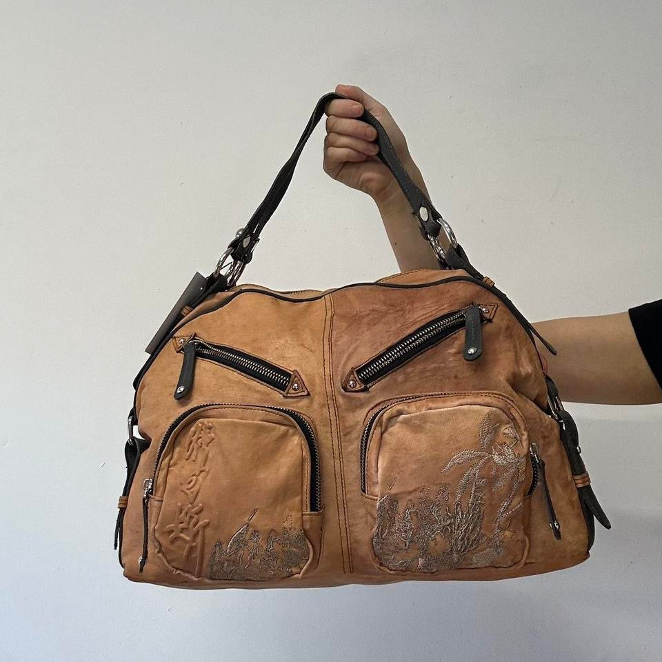 tanned sheepskin leather oriental double zip shoulder bag