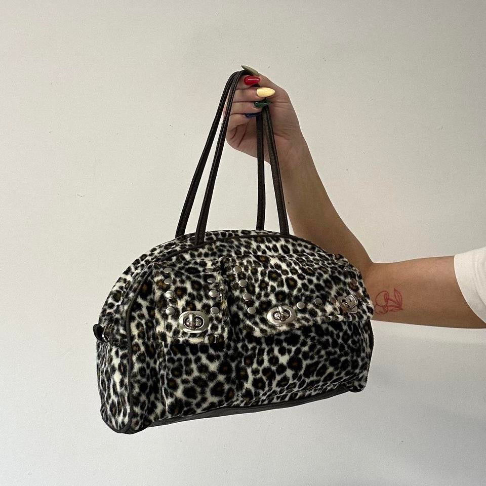 leopard print fleece studded shoulder bag