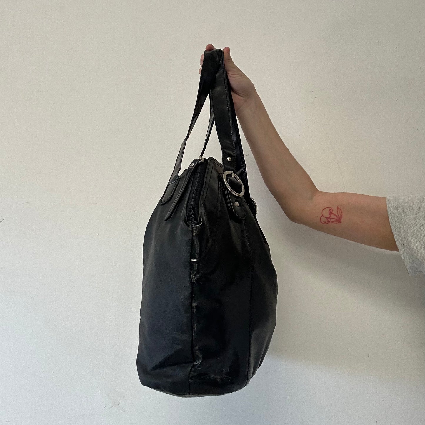 black double buckle faux leather shoulder bag