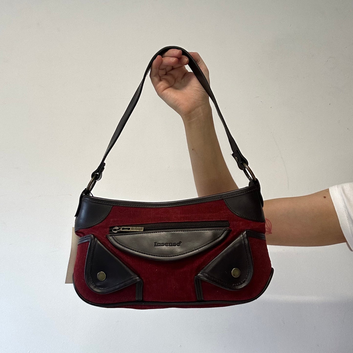 red corduroy faux leather pocket shoulder bag