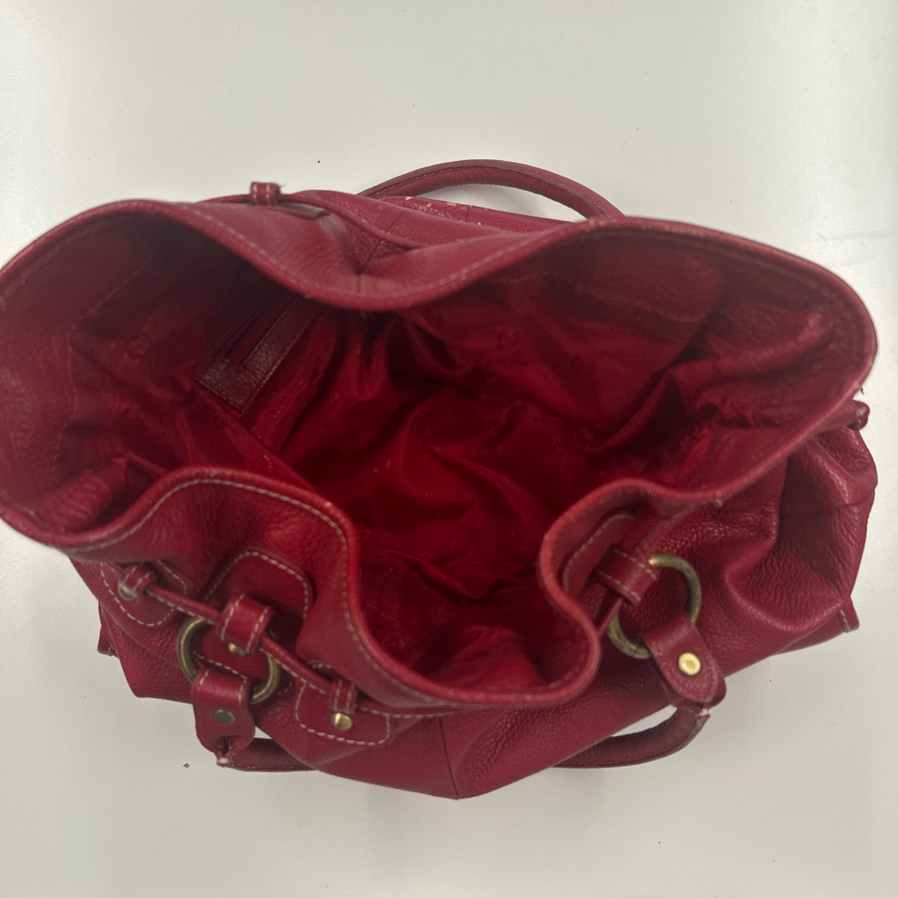 red genuine leather double pocket shoulder bag