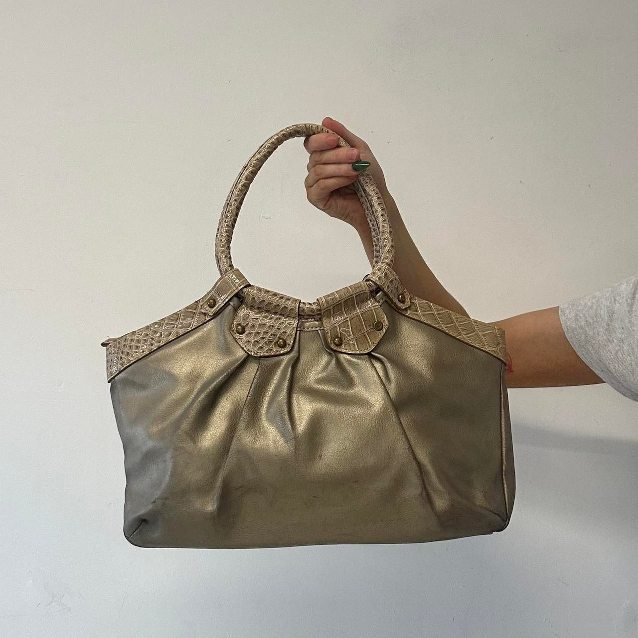 gold faux leather croc effect studded  shoulder bag