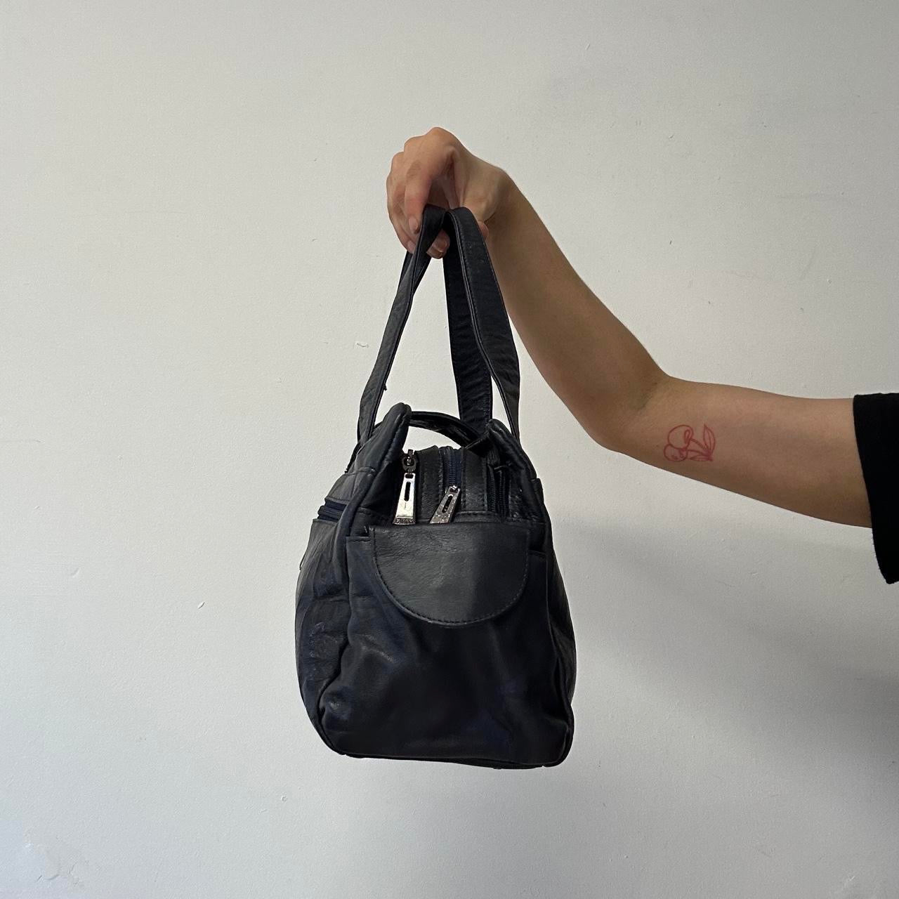 navy blue faux leather oversized buckle shoulder bag